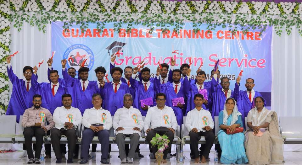 Most recent graduating class with faculty at Gujarat Bible Training Center.